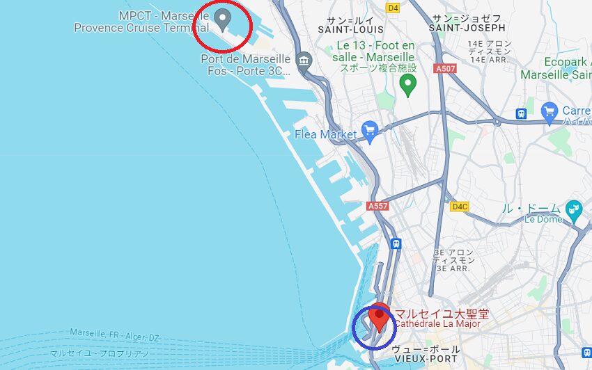 MSCグランディオーサ(ベリッシマ姉妹船)乗船記②　マルセイユターミナル～市街への地図