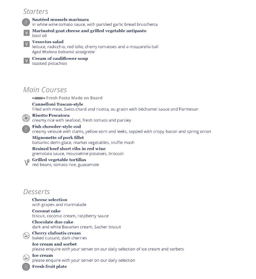MSCグランディオーサ(ベリッシマ姉妹船)乗船記⑦ クルーズ7日目のディナーメニュー