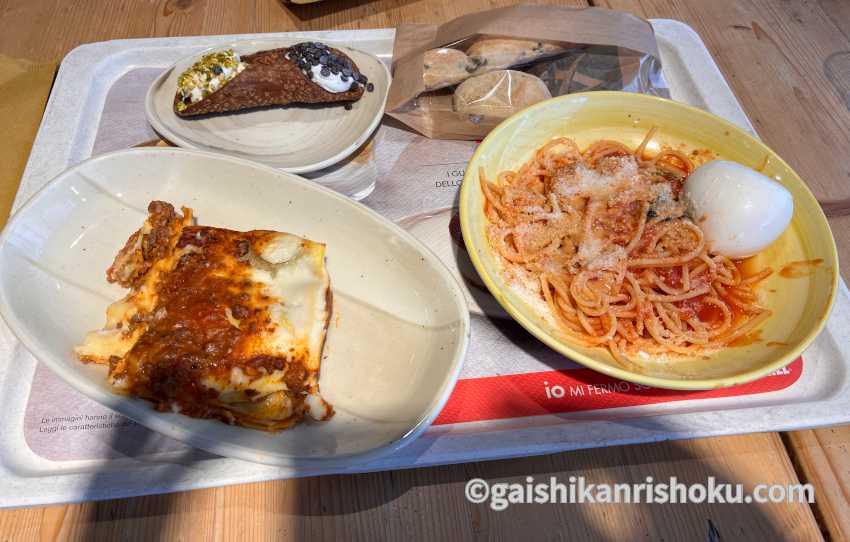 イタリアの高速道路のサービスエリアで食べたパスタとラザニア