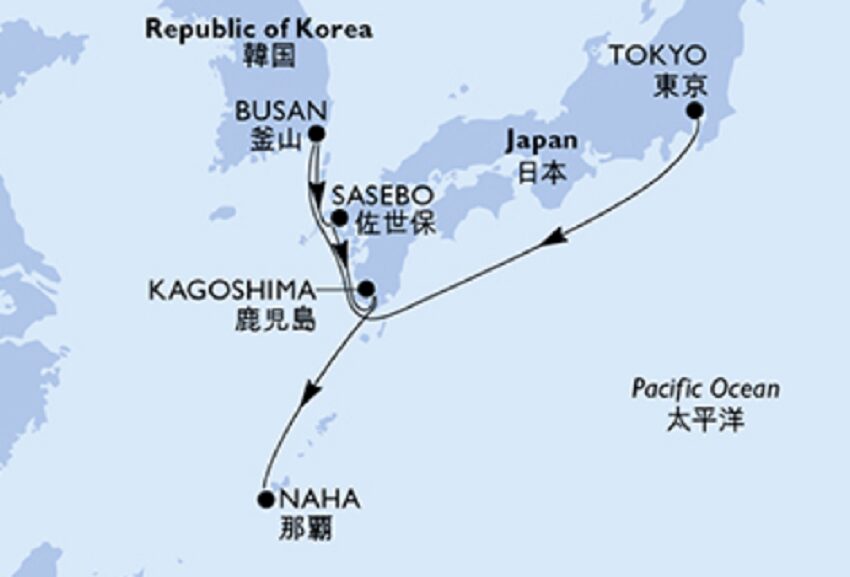 MSCベリッシマ025年11月12日出港東京〜那覇7泊8日の航路